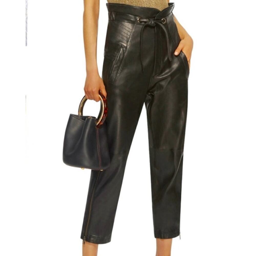 Marissa Webb Lamb Leather Slim Fit Paper Bag Waist Cropped Pants Black Size 4
